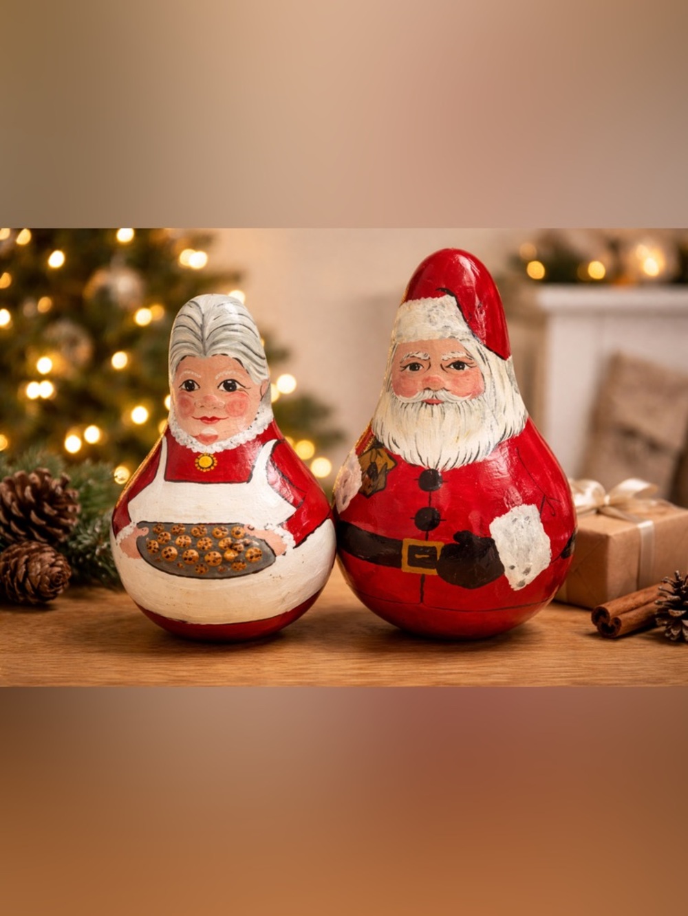 Vintage 1998 Mr Santa & Mrs Clause Hand Painted Gourd